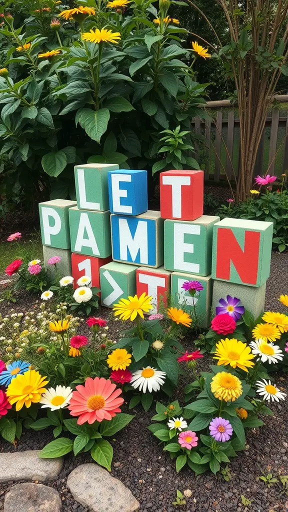 Colorful cinder blocks arranged with flowers in a garden