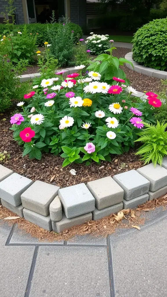 Colorful flower bed with cinder block garden edging