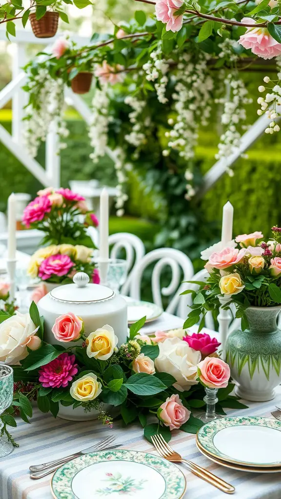 A beautifully arranged garden table with floral decorations, elegant tableware, and a serene atmosphere.