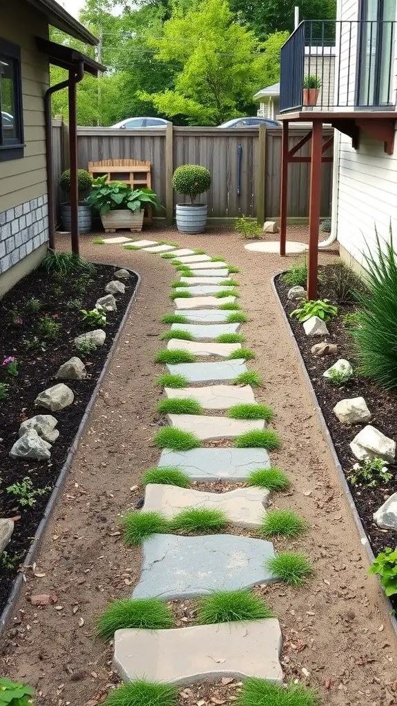 A stone pathway with grass in a backyard garden