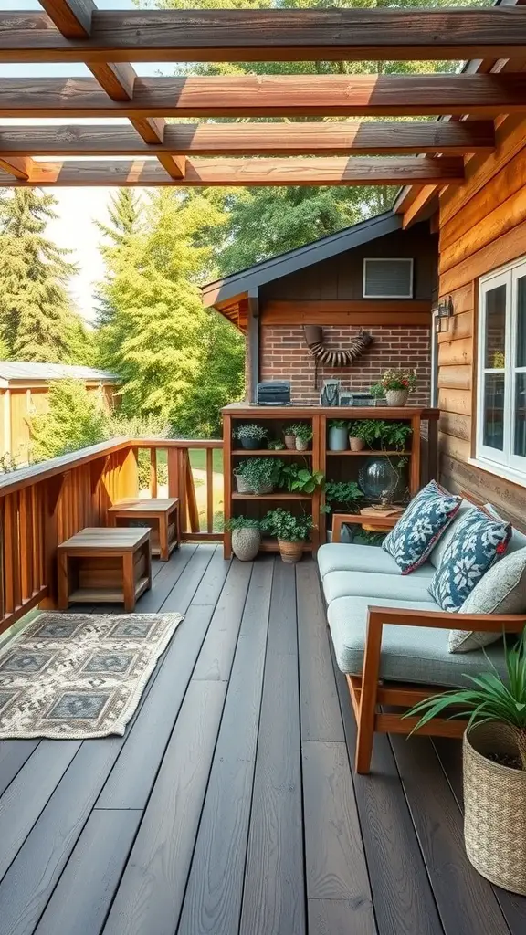 A beautifully designed deck with Gentle Oak stain, featuring comfortable seating and potted plants.