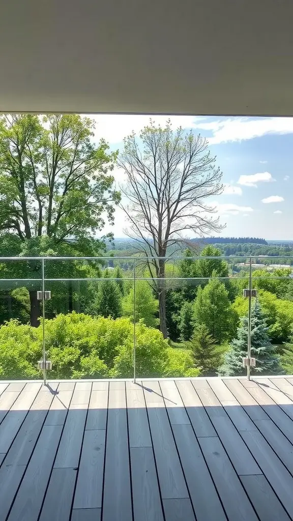 15 Creative Garden Decking Ideas for Your Outdoor Space 13 A modern deck with glass panel railings overlooking lush greenery and a bright sky
