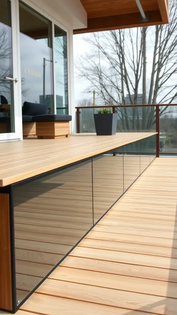 Deck with glass panel skirting and wooden flooring