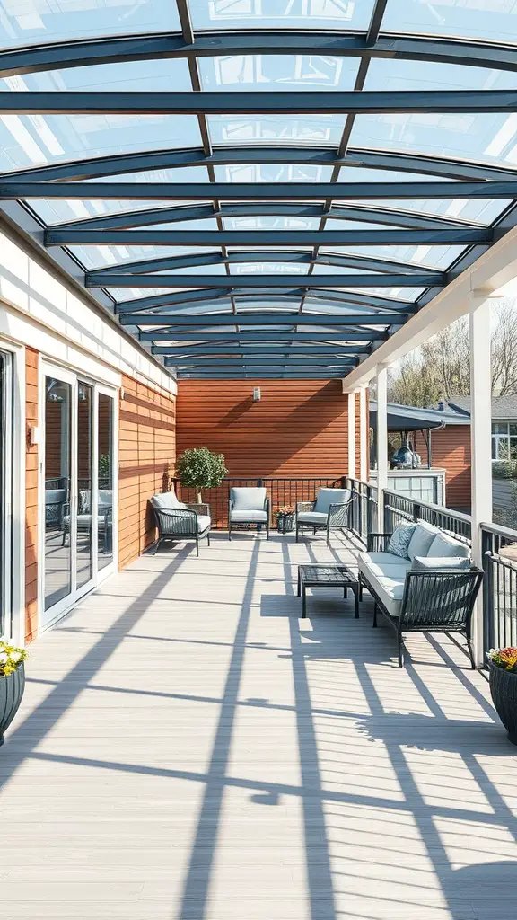 A modern deck featuring a glass roof, wooden walls, and stylish outdoor furniture.