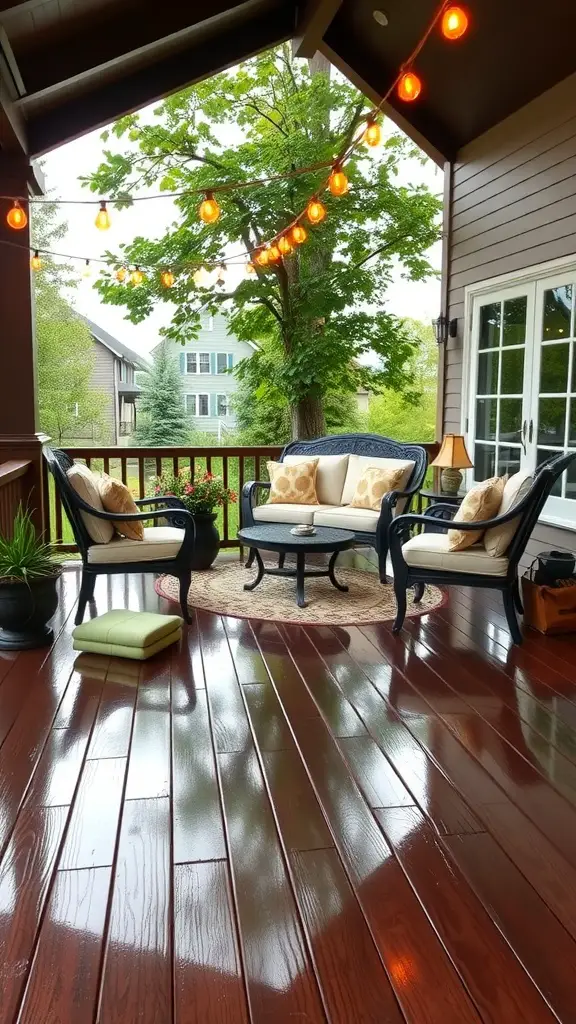 A beautifully stained glossy chocolate deck with outdoor seating, surrounded by greenery and warm lighting.