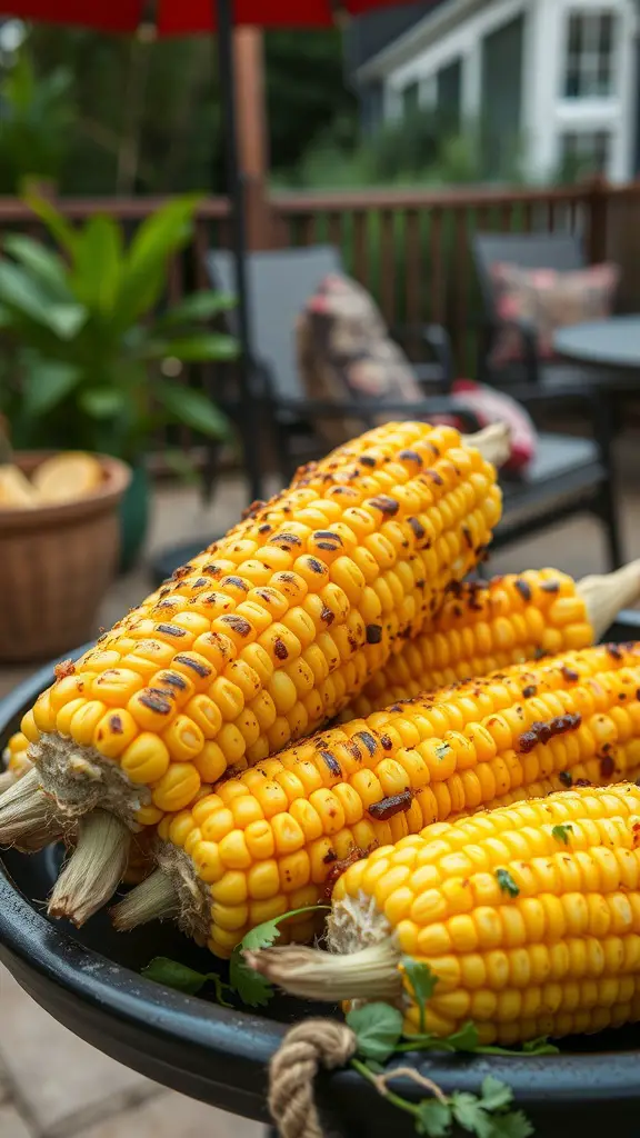 33 Creative Backyard Grill Ideas for Your Next Cookout 4 A close-up of grilled corn on the cob arranged on a platter, topped with chili lime butter and fresh cilantro, set in a backyard setting.