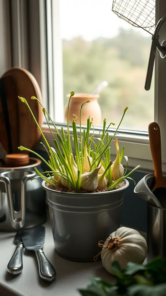 25 Must-Have Kitchen Plants for a Fresh and Green Home 16 A pot with sprouting garlic cloves and green shoots on a kitchen countertop