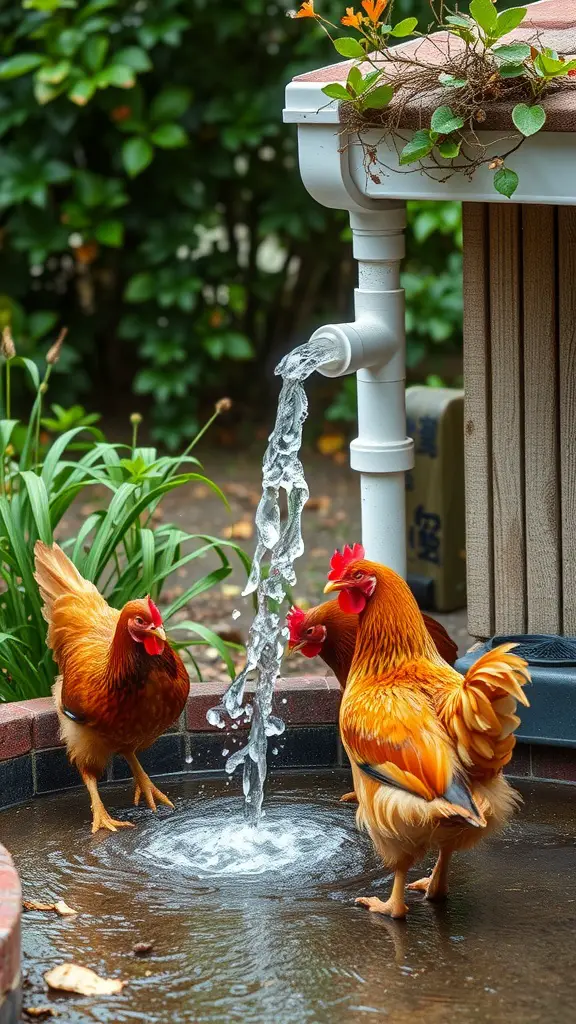 Chickens drinking from a gutter watering system