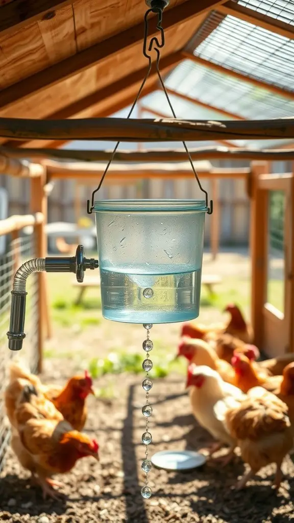 A hanging bucket waterer for chickens, featuring a clear bucket with a spout, suspended in a chicken coop.