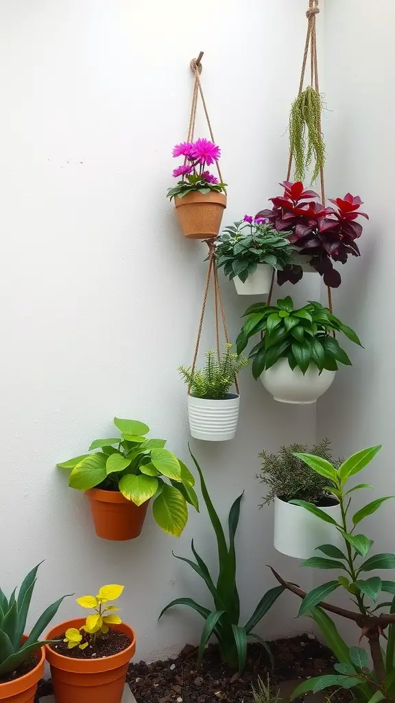 A variety of colorful hanging planters with different plants, displayed against a white wall.