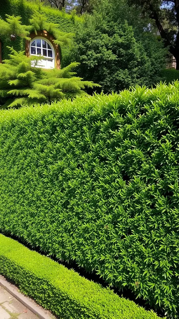 A well-trimmed green hedge fence surrounding a yard with a window in the background.