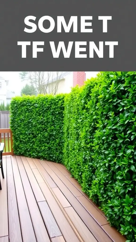 A wooden deck surrounded by lush green hedge walls
