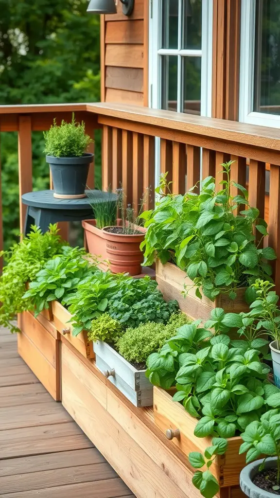 A vibrant herb garden in wooden planters on an outdoor deck
