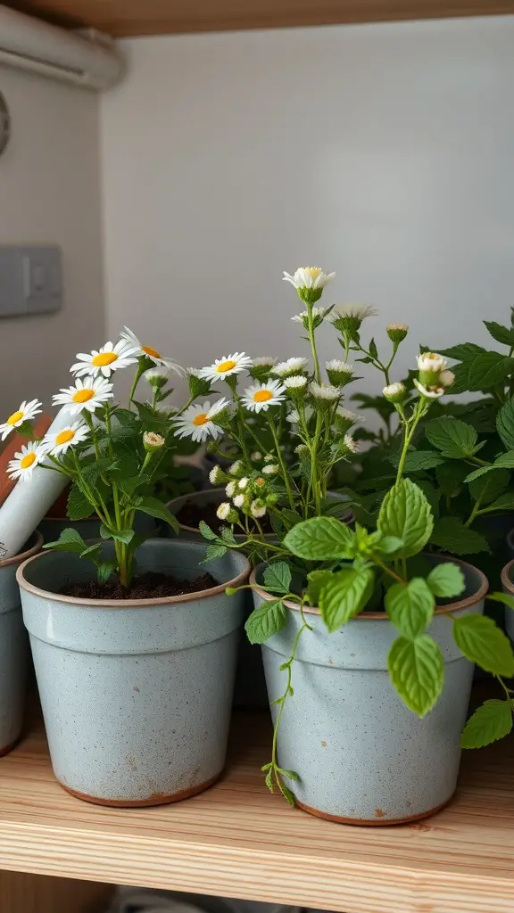 25 Must-Have Kitchen Plants for a Fresh and Green Home 5 Potted herbs for an herbal tea garden, including chamomile and mint.