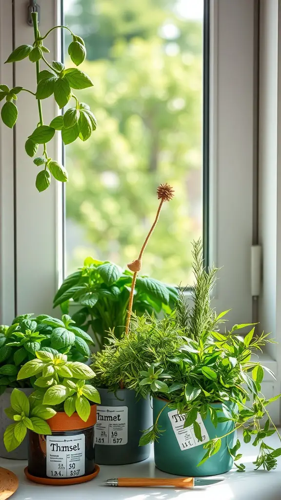 25 Must-Have Kitchen Plants for a Fresh and Green Home 7 A variety of herbs in pots by a window, including basil and rosemary.