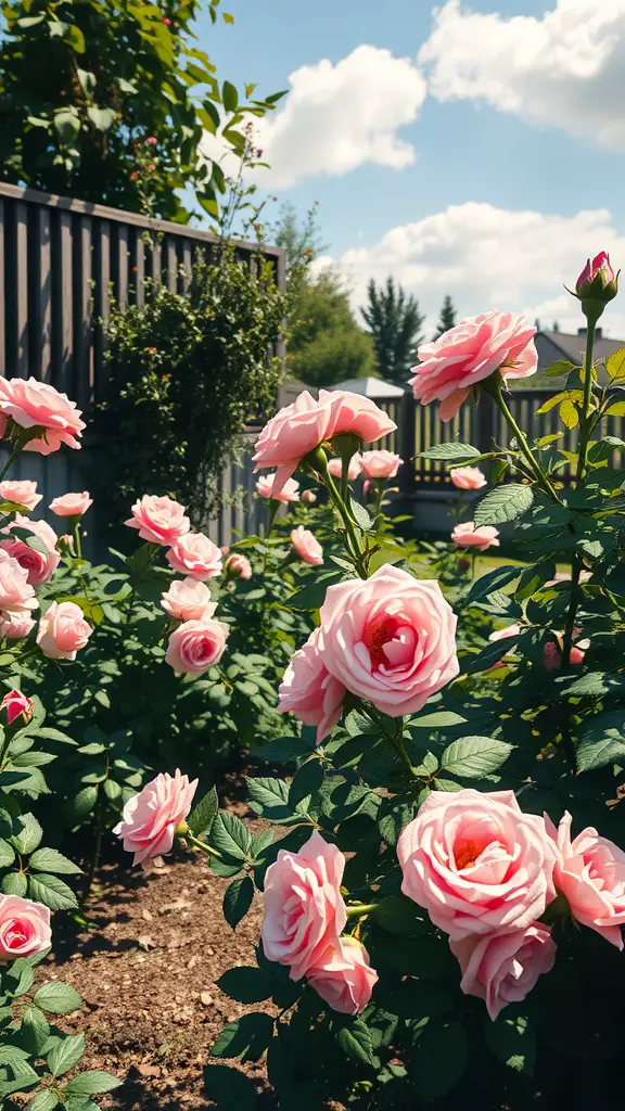 A corner garden filled with blooming heritage roses in soft pink shades, surrounded by greenery and a wooden fence.