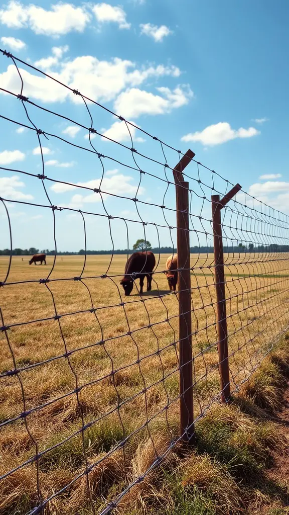 Hog wire fence with wooden posts and a field in the background