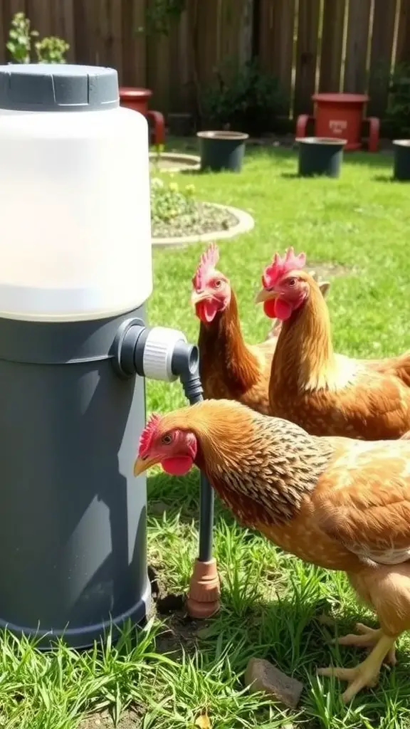 A hose connector waterer with chickens nearby, showing a practical setup for providing water to poultry.