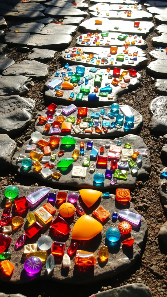 25 Creative DIY Garden Stepping Stones Ideas 18 Colorful glass pieces arranged on stepping stones in a garden pathway
