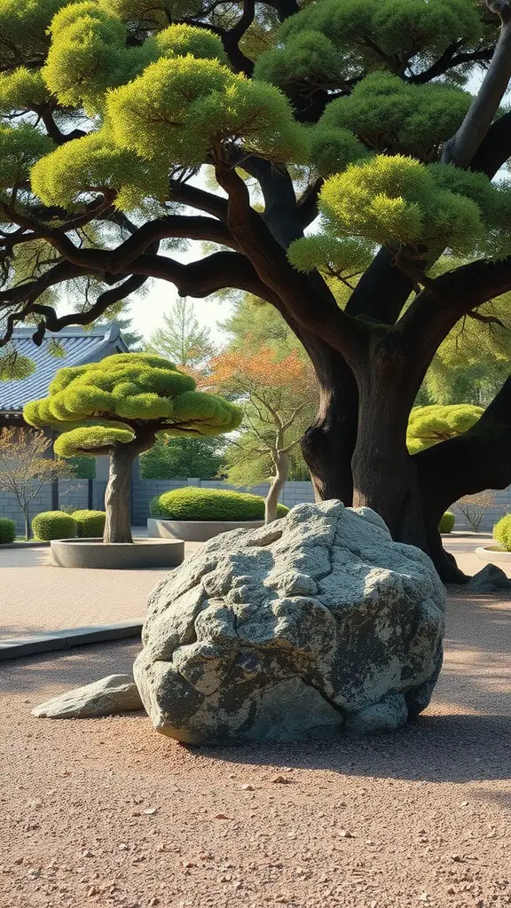 A peaceful Zen garden with a large rock, lush green trees, and neatly trimmed shrubs.