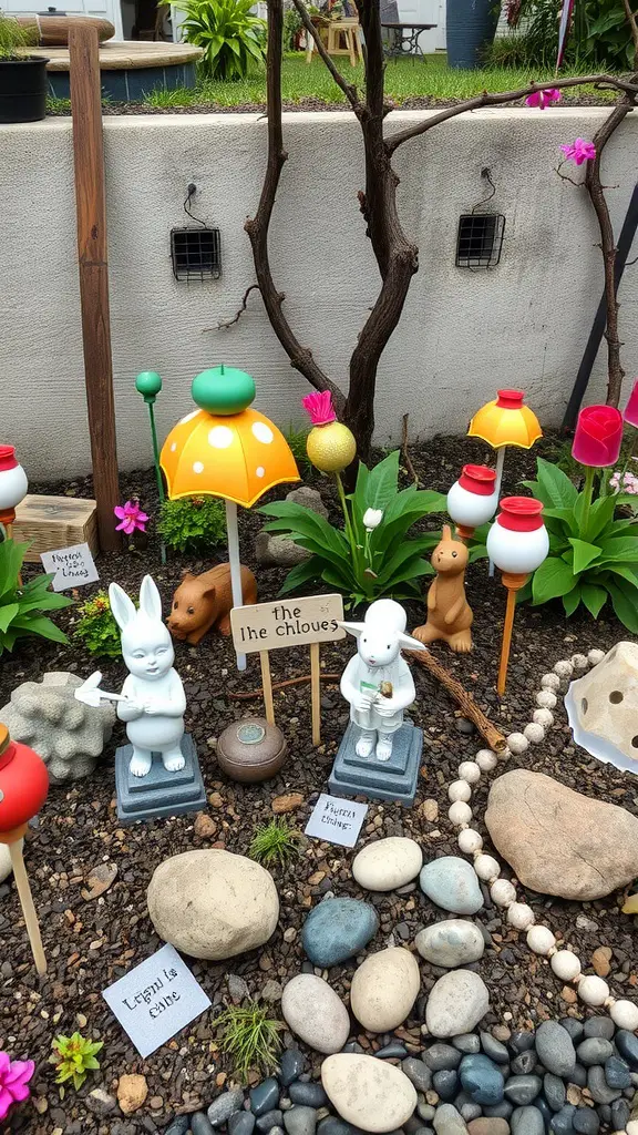 29 Inspiring Small Garden Design Ideas for Every Space 17 A small garden featuring colorful decorations, including mushroom lights, bunny figurines, and pebbles.