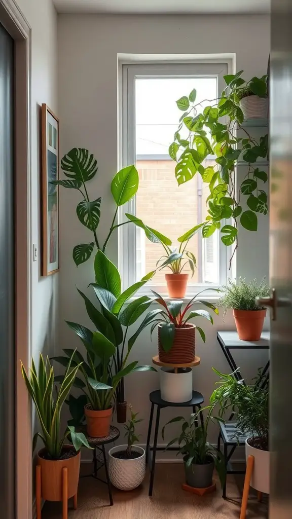 A cozy corner filled with various indoor plants, showcasing tall and small pots near a window.