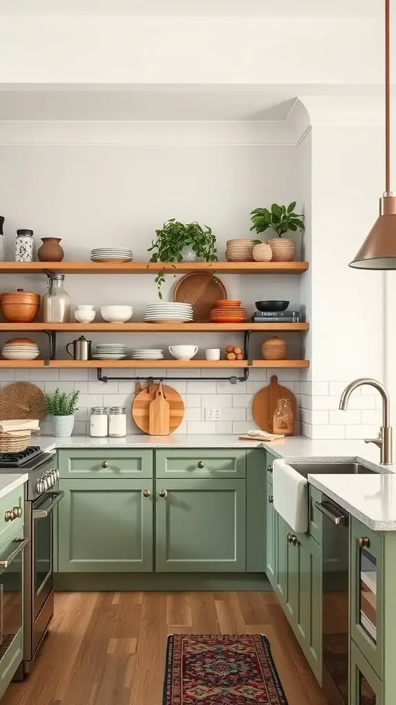 29 Stunning Sage Green Kitchen Cabinet Ideas for a Fresh Look 14 A kitchen featuring sage green cabinets and open shelving with various kitchenware and plants.