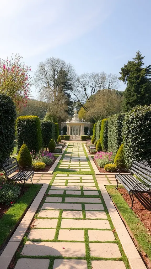 31 Stunning Formal Garden Designs You’ll Love 28 A beautifully designed formal garden path with benches along the sides, lush greenery, and flowering plants.