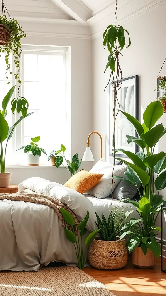 21 Inspiring Plant-Filled Bedroom Ideas to Transform Your Space 18 A cozy bedroom filled with various plants, showcasing a comfortable bed and natural decor.