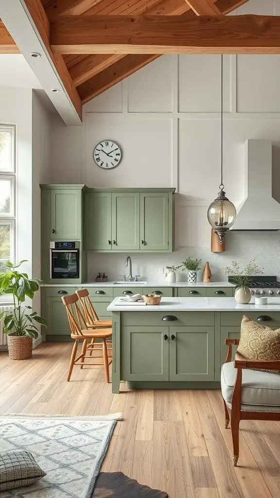 29 Stunning Sage Green Kitchen Cabinet Ideas for a Fresh Look 18 An open concept kitchen featuring sage green cabinets, wooden beams, and a cozy atmosphere.