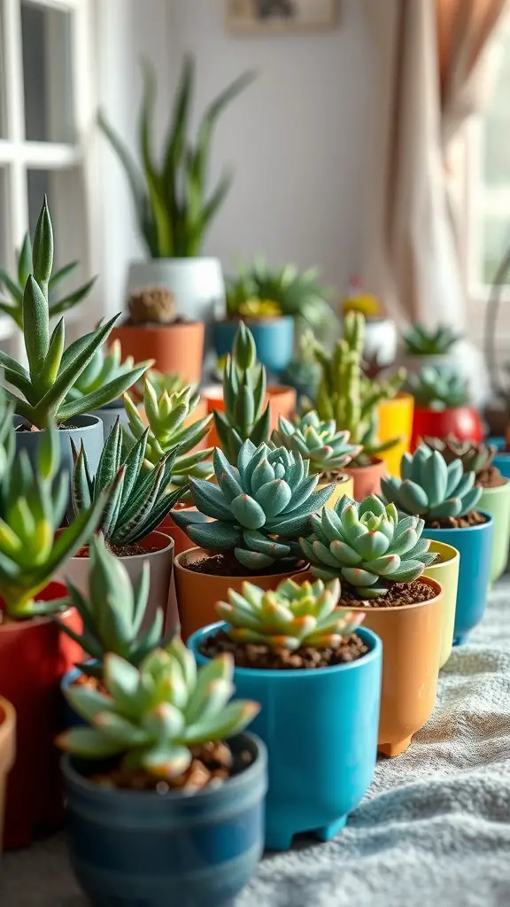 21 Inspiring Plant-Filled Bedroom Ideas to Transform Your Space 11 A collection of colorful succulent plants in various pots arranged on a table.