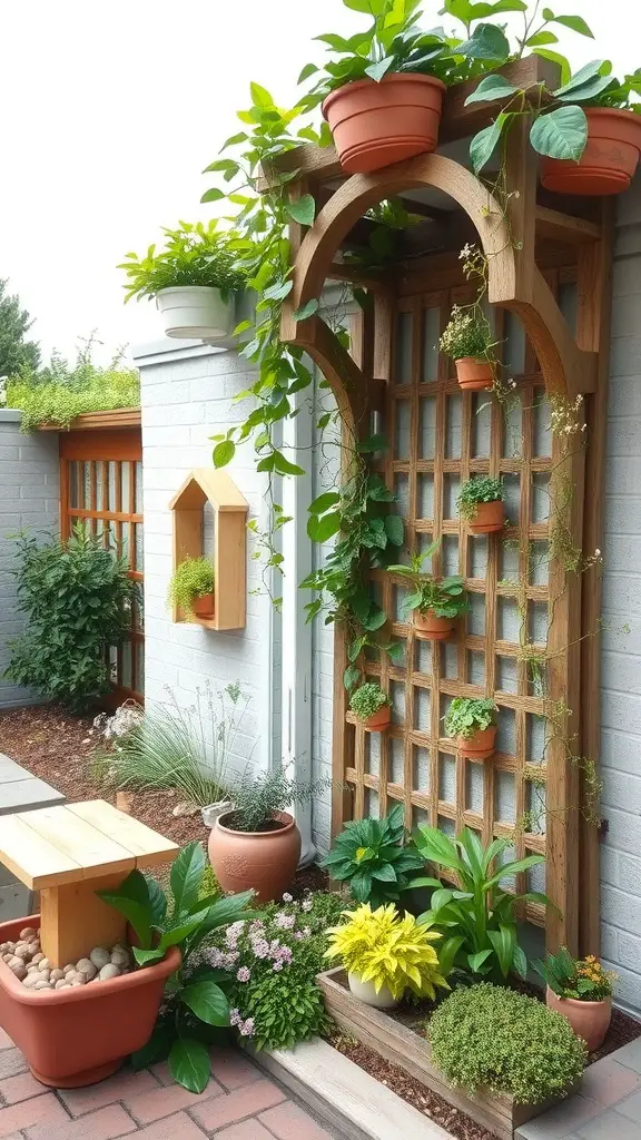 29 Inspiring Small Garden Design Ideas for Every Space 27 A small garden featuring a wooden trellis with hanging pots, various plants, and a cozy seating area.