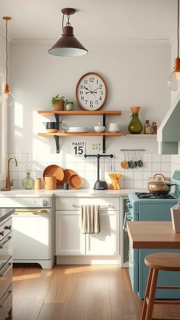29 Stunning Kitchen Makeover Ideas for a Fresh Look 18 A cozy kitchen featuring vintage elements like open shelving, a teal stove, and retro light fixtures.