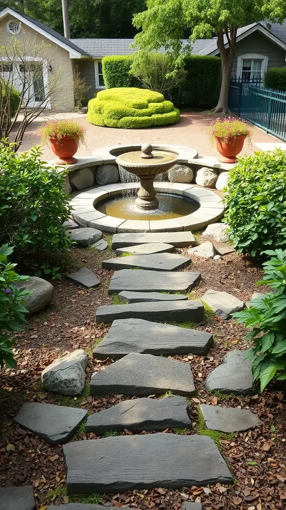 25 Creative DIY Garden Stepping Stones Ideas 25 A garden path made of stepping stones leading to a fountain, surrounded by greenery and potted plants.