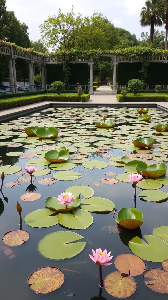 31 Stunning Formal Garden Designs You’ll Love 13 A tranquil garden pond with lily pads and pink flowers surrounded by lush greenery