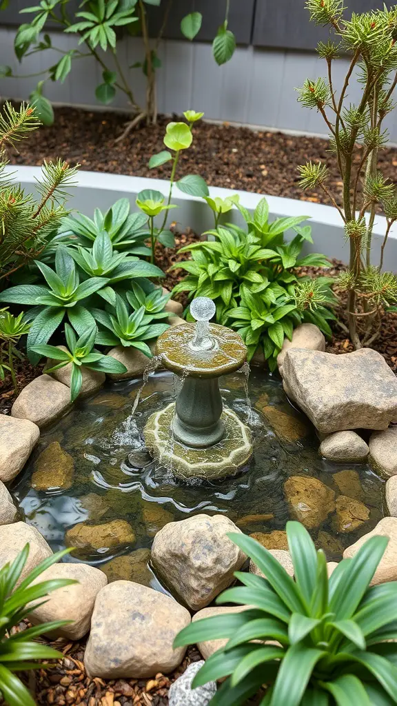 29 Inspiring Small Garden Design Ideas for Every Space 5 A small garden featuring a fountain surrounded by green plants and stones.