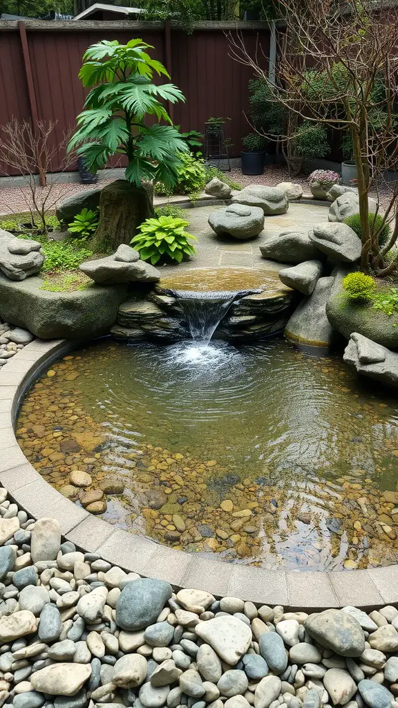 A serene zen garden featuring a circular pond with pebbles, rocks, and lush green plants.