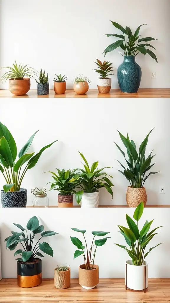 A variety of indoor plants arranged on shelves, showcasing different styles and pots.