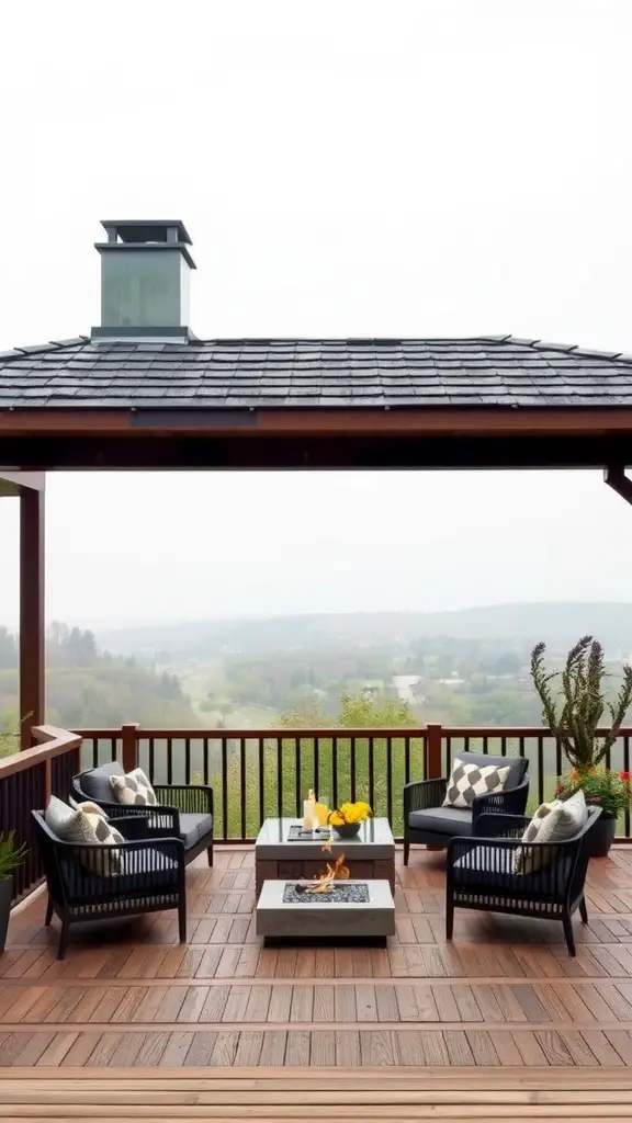 A deck with a roof featuring seating and a fire pit, overlooking a scenic view