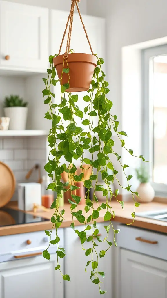 25 Must-Have Kitchen Plants for a Fresh and Green Home 13 A hanging vine plant in a terracotta pot in a bright kitchen setting