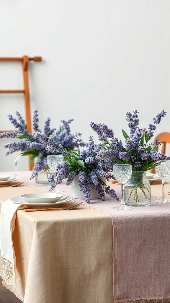 A summer tablescape featuring lavender flower arrangements on a peach and pink tablecloth.