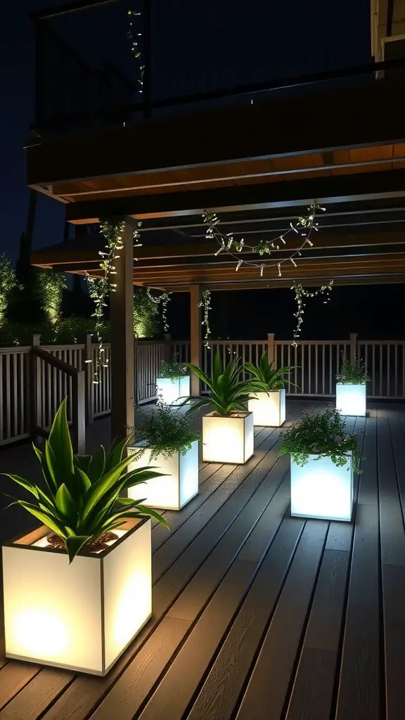 15 Creative Under Deck Lighting Ideas for Your Outdoor Space 15 LED lighted planters on a wooden deck at night, showcasing plants and decorative lighting.