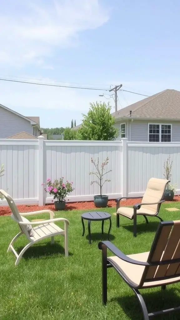 A backyard with a low-cost vinyl fence, green lawn, and seating area.