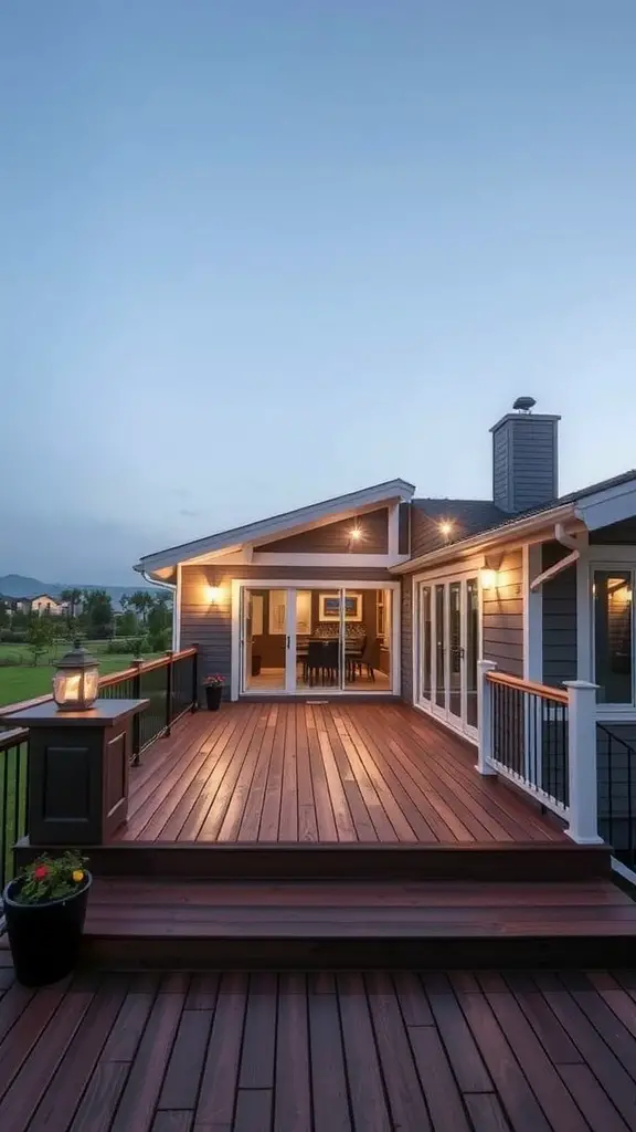 A deck with a low-slope roof, featuring wooden decking and soft lighting.