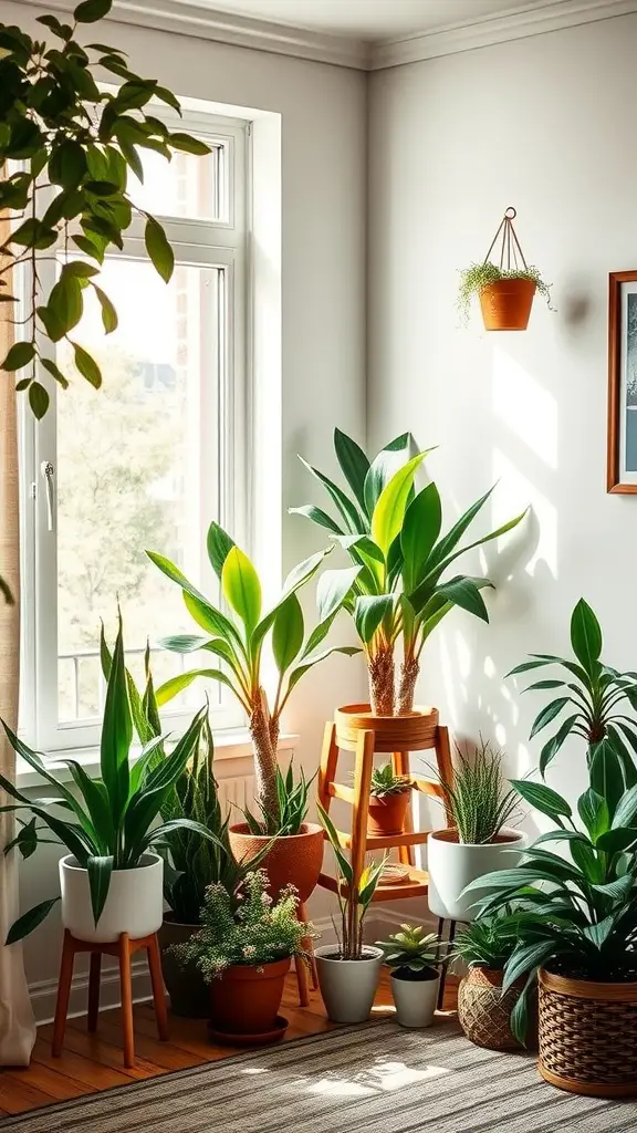 15 Inspiring Living Room Plant Decor Ideas 17 A cozy living room corner filled with various indoor plants, featuring a wooden stand, hanging planters, and ample sunlight.