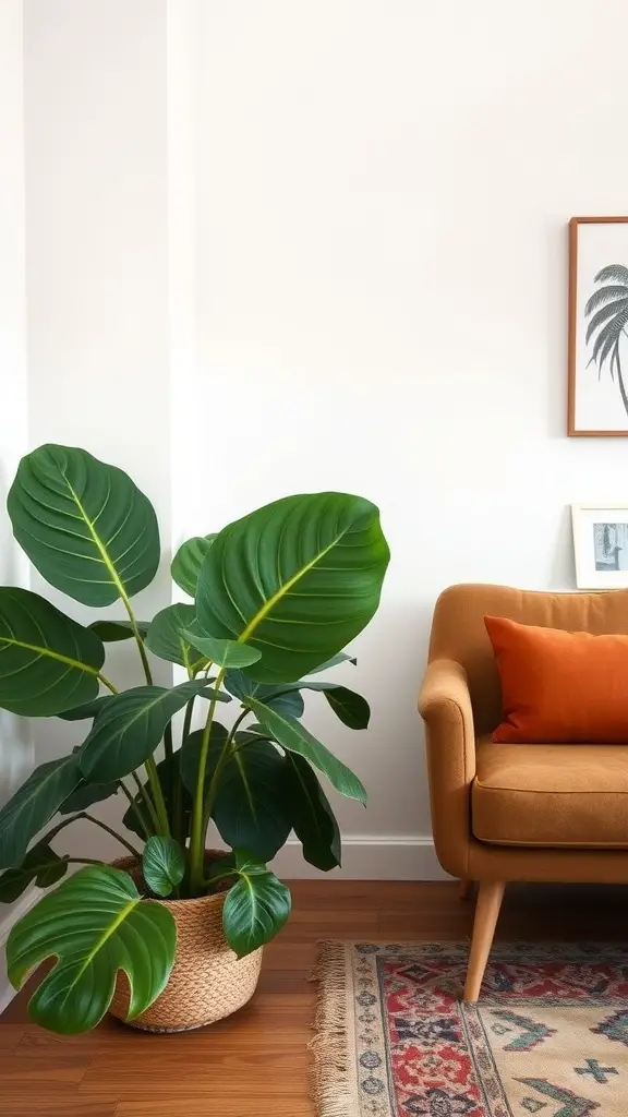 15 Inspiring Living Room Plant Decor Ideas 8 A cozy living room corner featuring a fiddle leaf fig plant in a woven basket next to a brown sofa with an orange pillow.