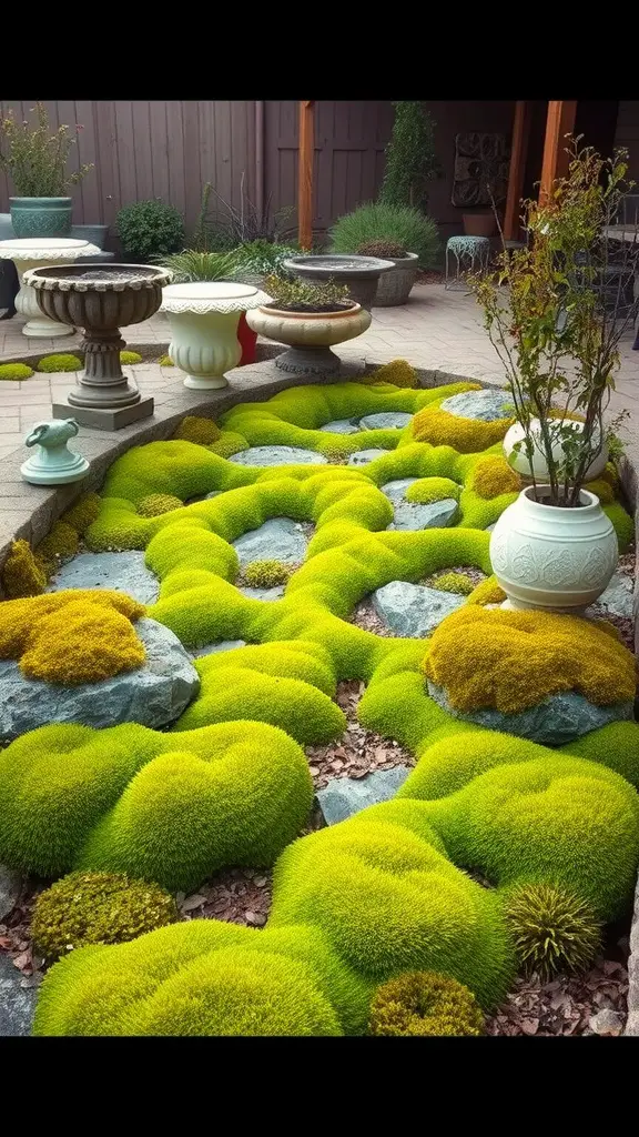 A vibrant moss garden with patches of green moss interspersed with stones and decorative planters.