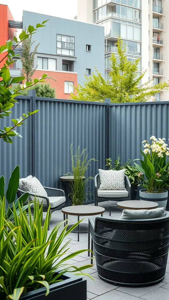 Outdoor seating area with a metal sheet fence, plants, and modern furniture.
