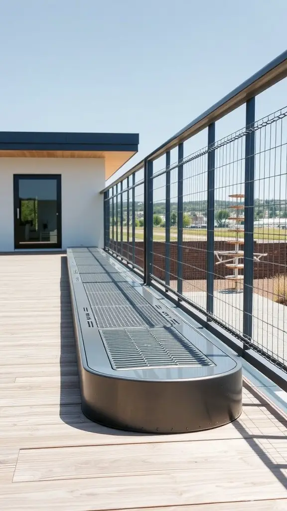 A modern deck featuring sleek metal skirting and a beautiful view.