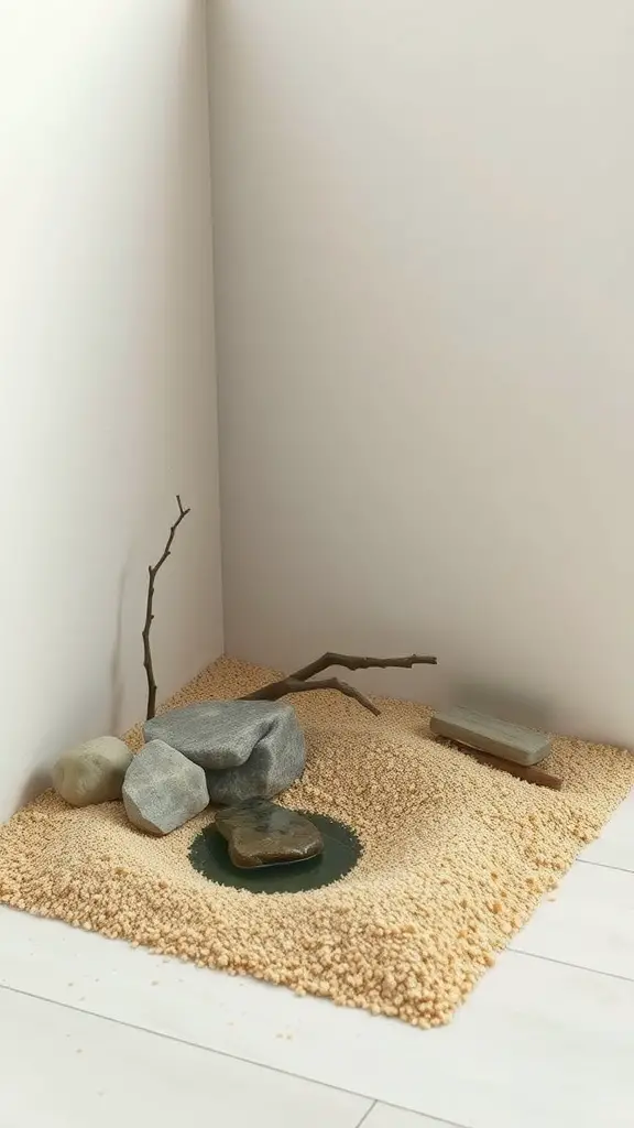 A small mini Zen garden featuring sand, stones, and twigs in a corner setup.